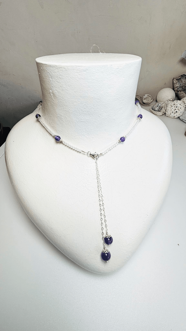 Collier pierres semi-précieuses Améthyste, quartz rose et argent.
